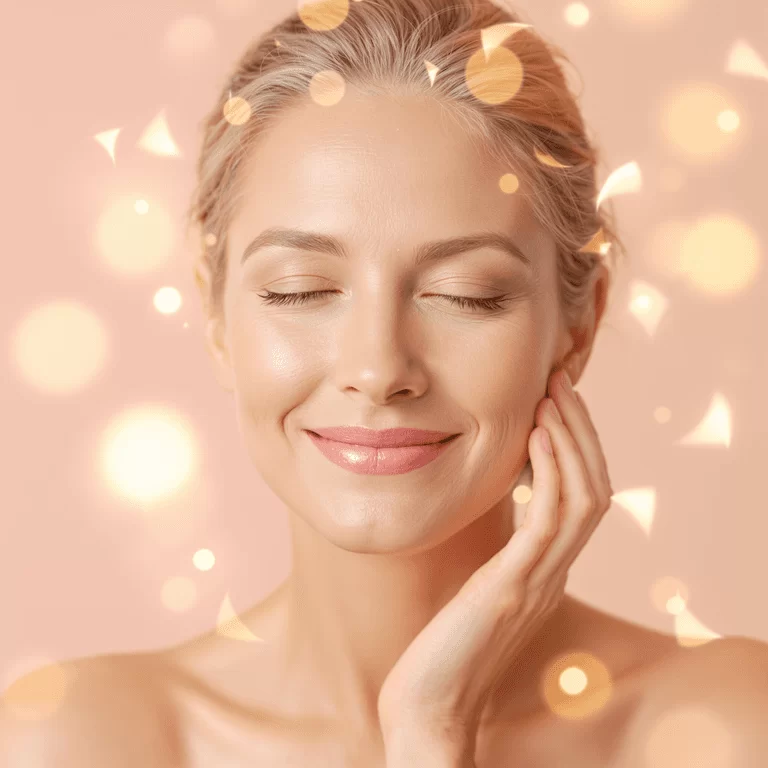 Close-up de uma mulher madura com pele radiante sorrindo suavemente, cercada por formas abstratas brilhantes em um fundo pastel suave simbolizando rejuvenescimento facial.